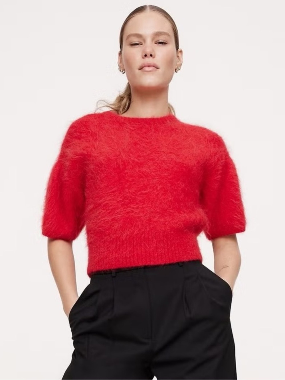Like-new Banana Republic Fuzzy Alpaca-Blend Puff-Sleeve Sweater in Bright Red